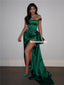 Sheath Off-shoulder Sexy Long Green Satin Prom Dresses With Split, PD0845