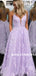A-line Spaghetti Straps V-neck Lace Backless Prom Dresses With Pockets, PD0852