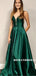 A-line Deep V-neck Sleeveless Backless Green Satin Prom Dresses, PD0854
