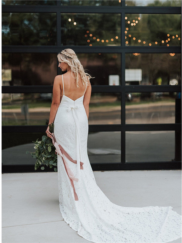 Sheath Betau Neck Backless Long Light Ivory Lace Wedding Dresses, WD0481