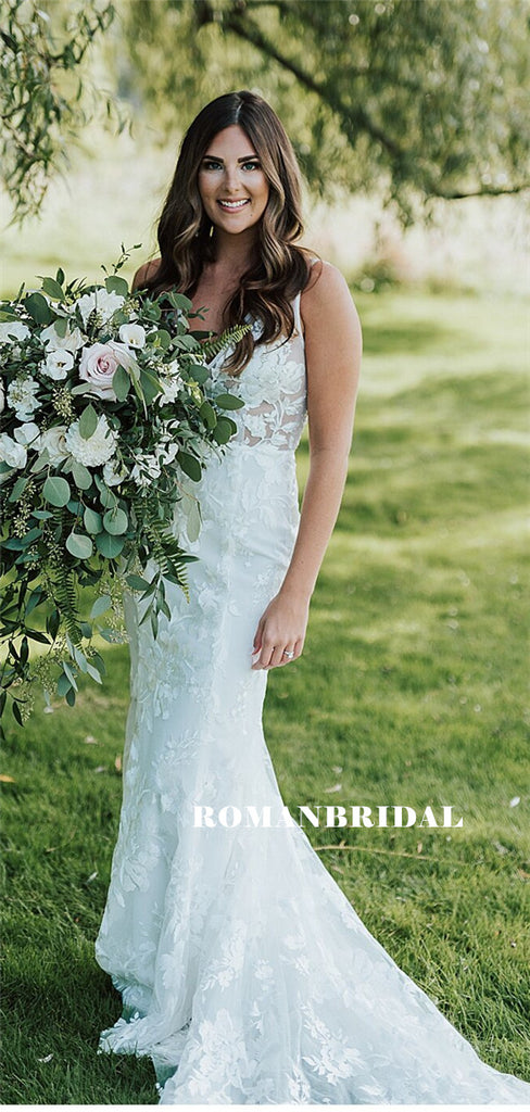 Mermaid V-neck Lace Appliques Long Wedding Dresses With Train, WD0483