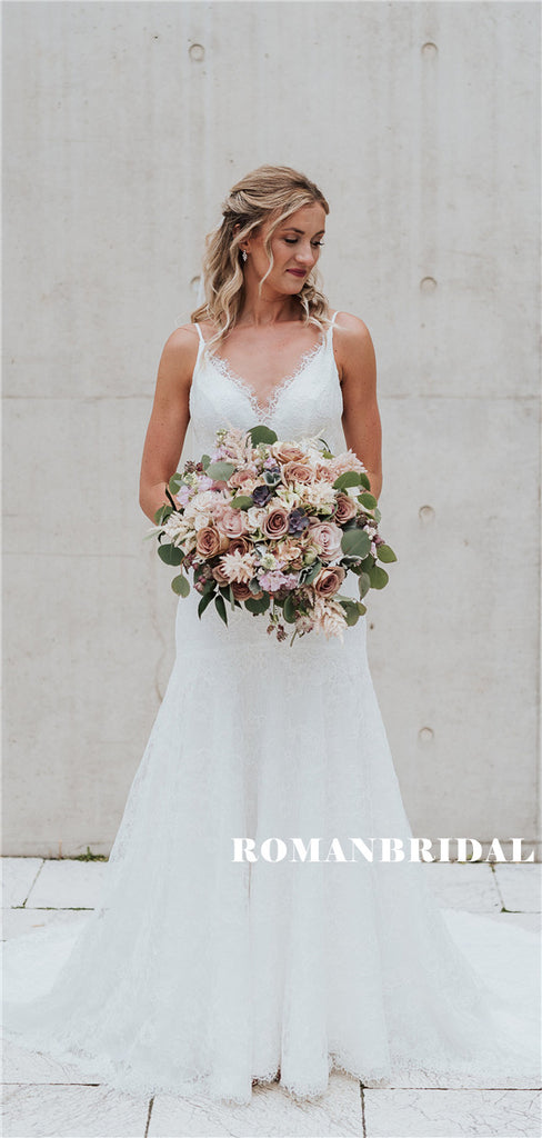 Sheath V-neck Sleeveless Light Ivory Lace Long Wedding Dresses, WD0486