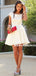 A-line Beteau Neck Short Sleeves Open-back Short White Homecoming Dresses, HD0560