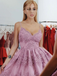 A-line Spaghetti Straps V-neck Lace Appliques Beading Homecoming Dresses, HD0562