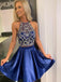 A-line Halter Two-piece Royal Blue Beaded Short Homecoming Dresses, HD0563