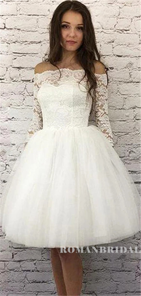 Off-shoulder Half Sleeves Lace Light Ivory Tulle Homecoming Dresses, HD0570