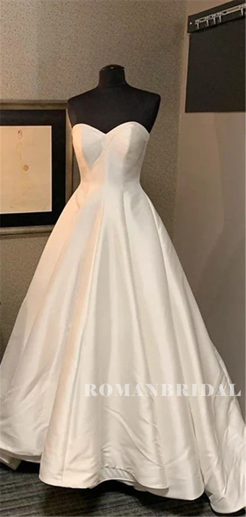 Sweetheart Strapless A-line Satin Wedding Dresses With Train, WD0495