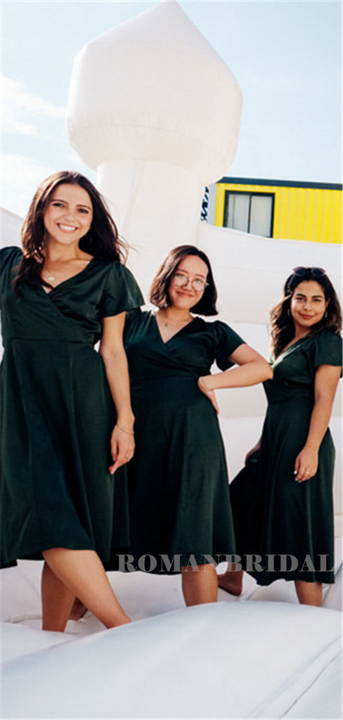 A-line V-neck Short Sleeves Short Dark Green Bridesmaid Dresses, BD0635