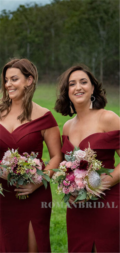 Mermaid Off-shoulder Long Burgundy Bridesmaid Dresses With Split, BD0638