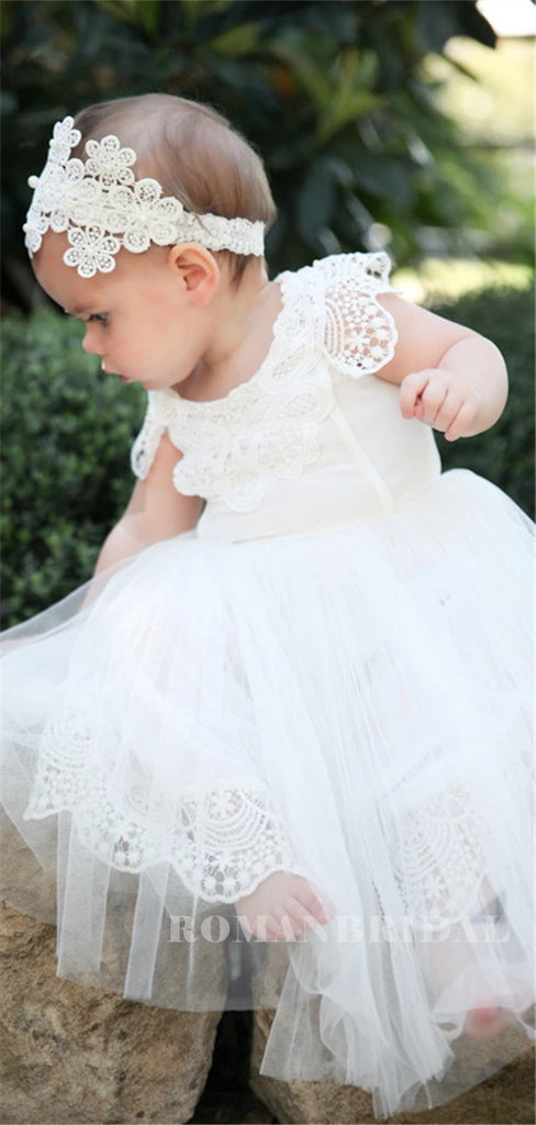 A-line Round Neck Short Sleves Lace Flower Girl Dresses, FG0155