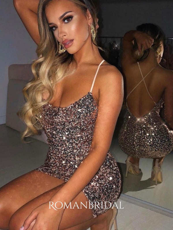 Sexy Sequins Spaghetti Straps Backless Mini Short Party Dresses, RBP001
