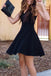 Charming black Lace up Spaghetti Strap lace short cheap homecoming dresses, HD0348