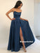 Strapless A-line Sleeveless Long Navy Blue Prom Dresses With Split, PD0793