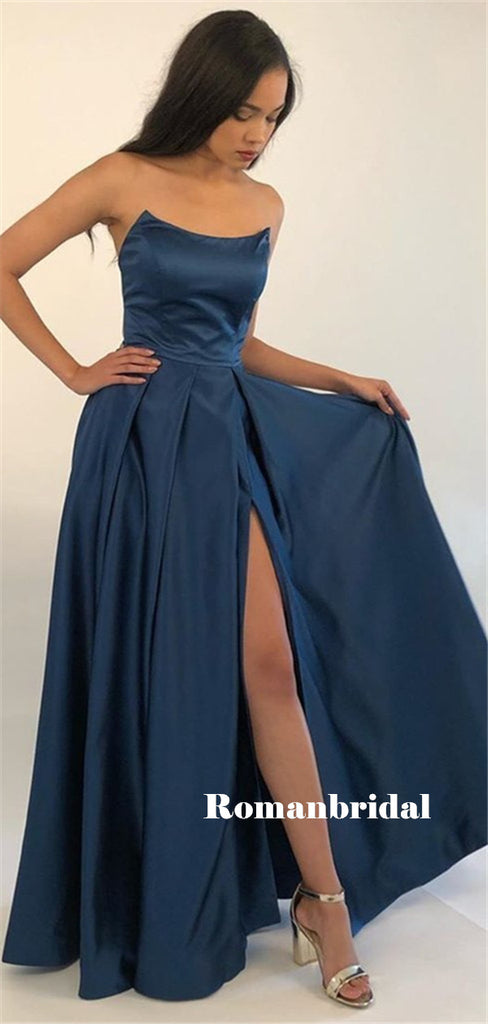 Strapless A-line Sleeveless Long Navy Blue Prom Dresses With Split, PD0793