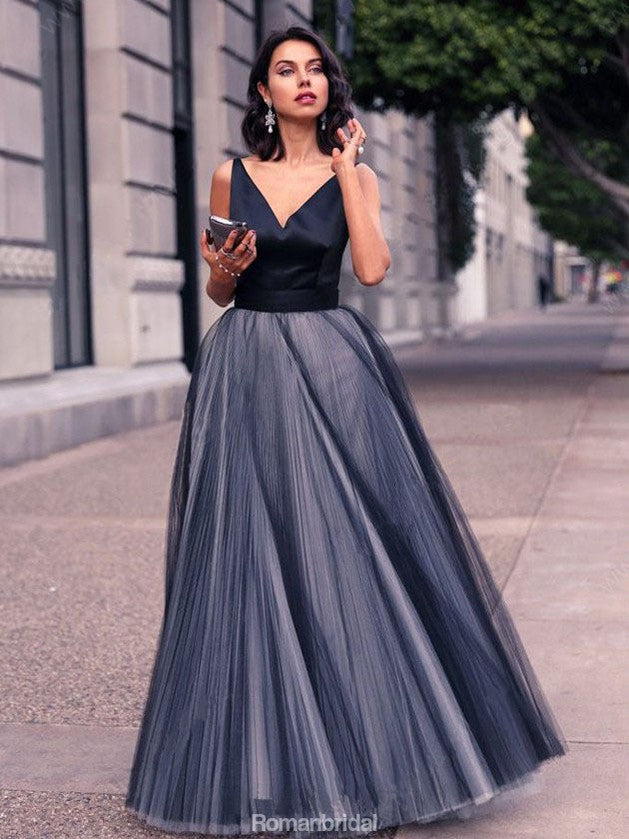 A-line V-neck Sleeveless Long Tulle Cheap Prom Dress, PD0628