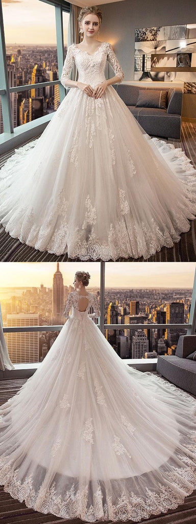 Unique 3/4 Sleeves Open-Back Lace Appliques Wedding Dresses With Train, WD0422