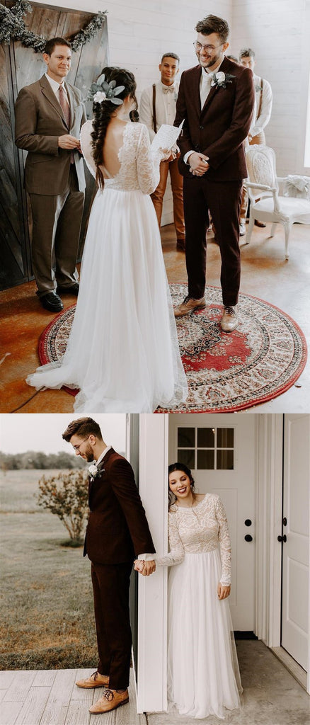 Modest A-line Full Lace Sleeves Backless Long Tulle Wedding Dresses, WD0468