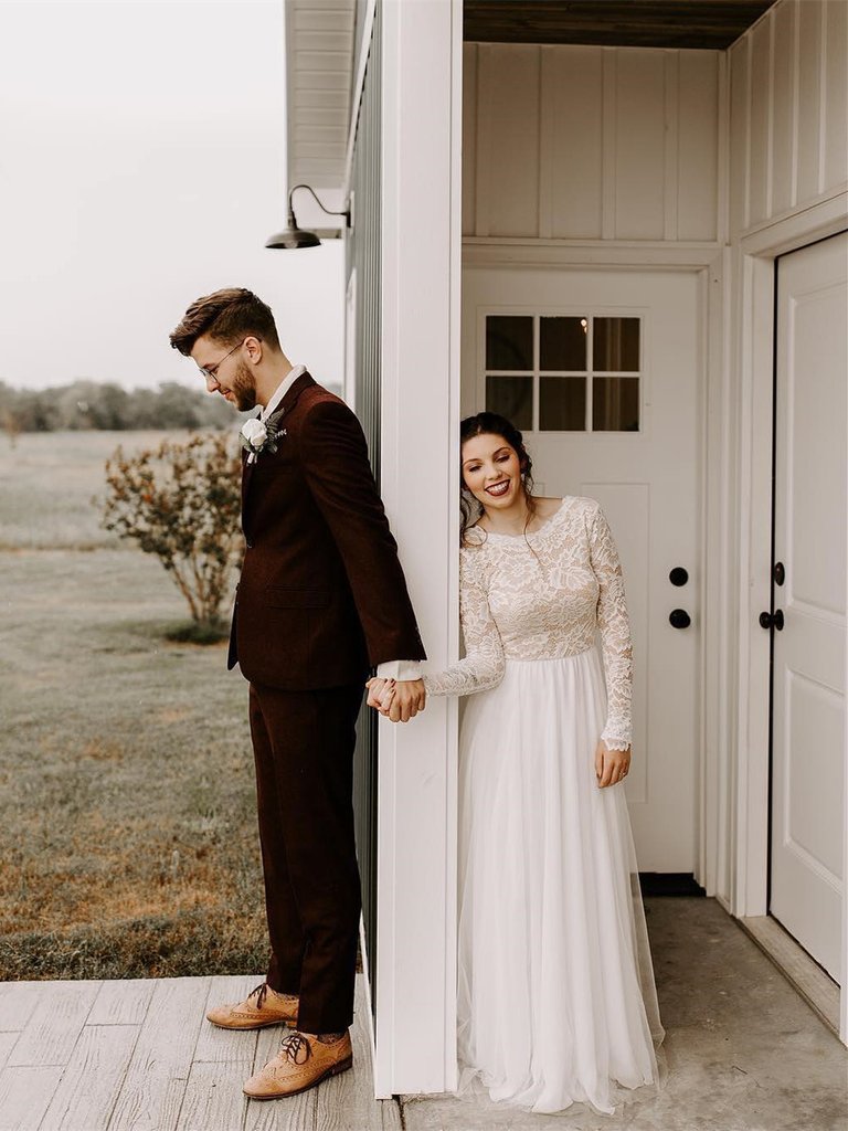 Modest A-line Full Lace Sleeves Backless Long Tulle Wedding Dresses, WD0468