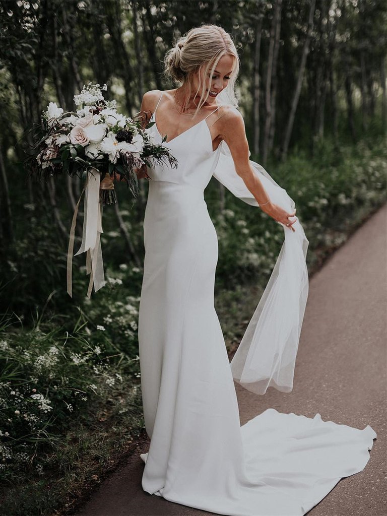 Sheath Spaghetti Straps Simple Cheap Long Wedding Dresses With Train, WD0474