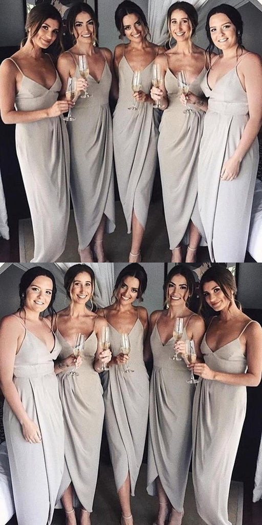 Neaest Simple V-neck Spaghetti Straps Sleeveless Grey Satin Cheap Bridesmaid Dress, BD0505
