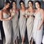 Neaest Simple V-neck Spaghetti Straps Sleeveless Grey Satin Cheap Bridesmaid Dress, BD0505