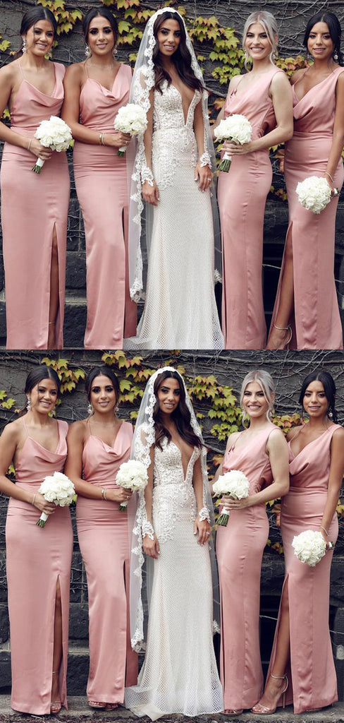 Unique Spaghetti Straps V-neck Pink Backless Slit Long Bridesmaid Dress, BD0518