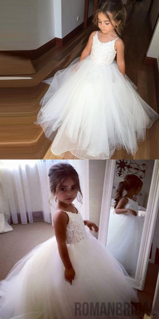 Spaghetti Lace Top White Tulle Hot Sale Flower Girl Dresses, FG005