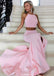 Halter Sleeveless Two-Pieces Pink Long Prom Dresses With Ruffles, PD0583