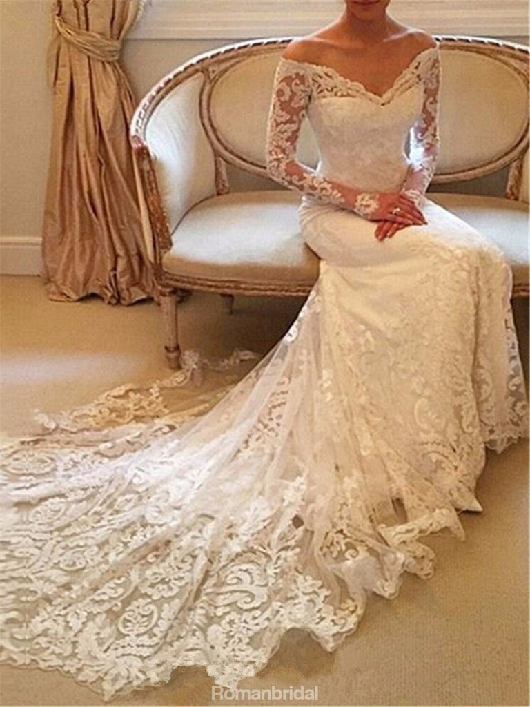 New Arrival Off the Shoulder Long Sleeves Lace Wedding Dresses With Train, WD0388