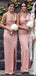 Unique Spaghetti Straps V-neck Pink Backless Slit Long Bridesmaid Dress, BD0518