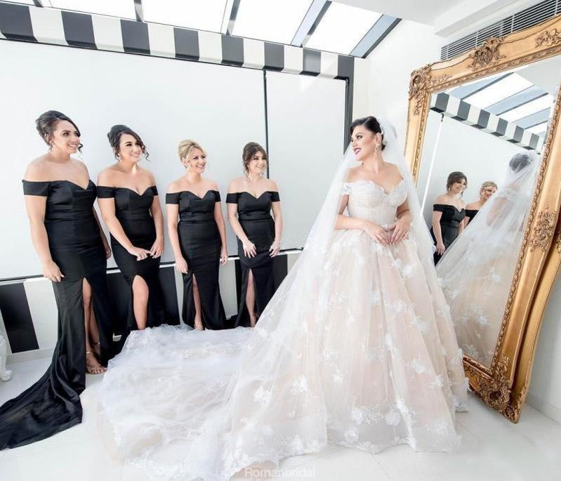 Mermaid Off-the-Shoulder Long Black side split Unique Long Bridesmaid Dress, BD0474