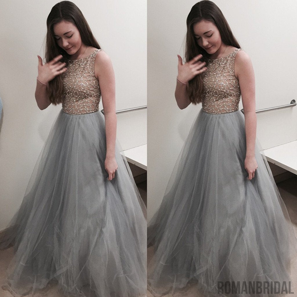 Floor-length A-line Grey Ball Gown Crew with Beaded, Elegant round neck sleeveless Long Prom Dress, PD0501