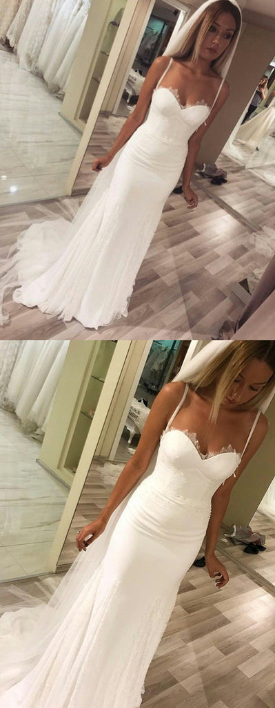 Elegant Spaghetti Straps Simple Beach Sweetheart Appliques Wedding Dresses, WD0390
