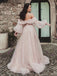 Charming Off the Shoulder Long Sleeves Tulle Long Prom Dresses Formal Dress with Side Slit, OL725