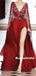 A-line V-neck Long Sleeves Appliques Long Prom Dresses With Split, PD0795
