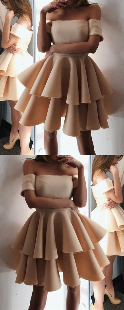 Newest Simple A-line Off-shoulder Short Sleeves Homecoming Dresses With Ruffles, HD0419