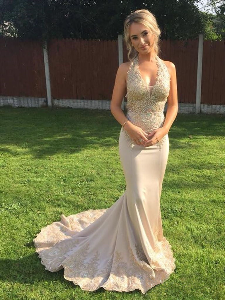 Halter Mermaid V-neck Lace Appliques Beakless Prom Dresses With Train, PD0770
