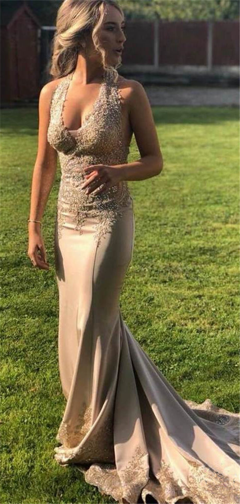 Halter Mermaid V-neck Lace Appliques Beakless Prom Dresses With Train, PD0770