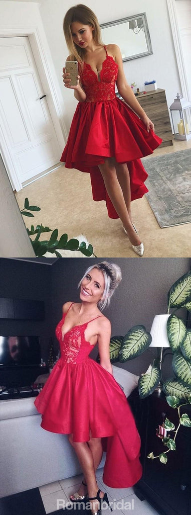 Red Spaghetti Straps Sexy V-neck Lace Top Homecoming Dresses With Pleats, HD0475