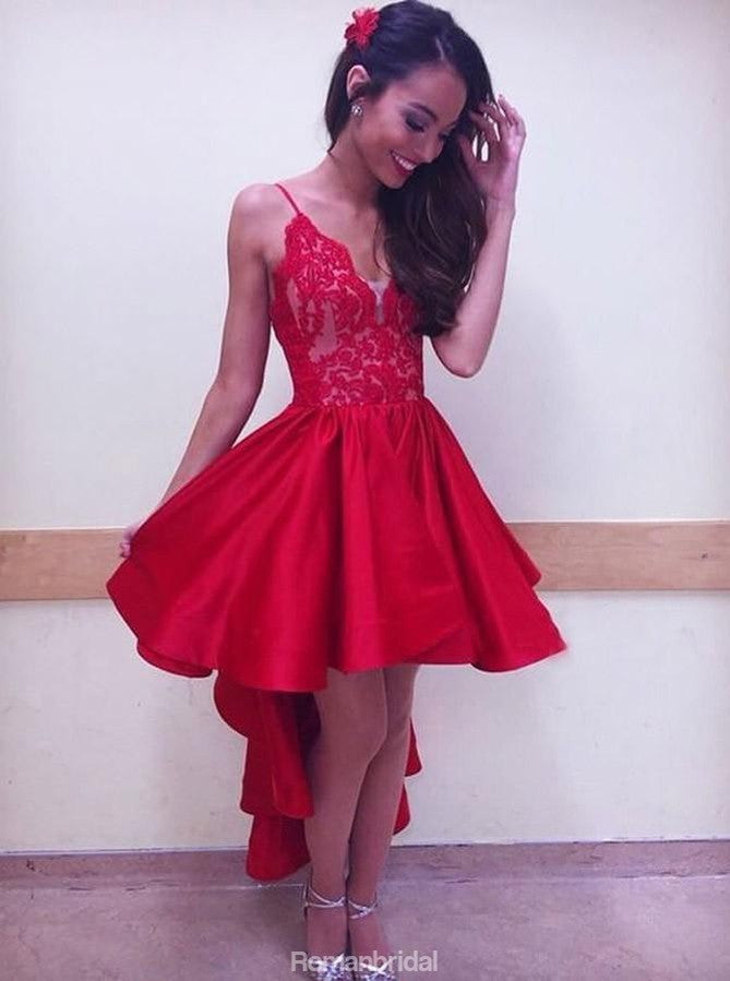 Red Spaghetti Straps Sexy V-neck Lace Top Homecoming Dresses With Pleats, HD0475