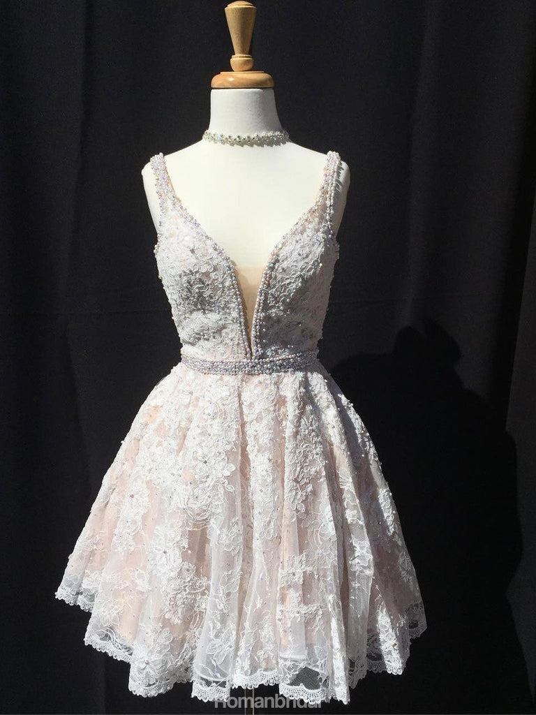 Amazing White Lace Appliques V-neck Beading Short Homecoming Dresses, HD0478