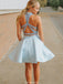 Two Pieces Halter Sleeveless Backless Blue Short Homecoming Dresses, HD0464
