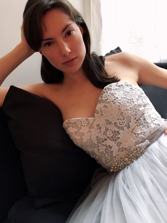 Floor-length Sweetheart Gray Lace Top Strapless Tulle skirt Wedding Dress, WD0382