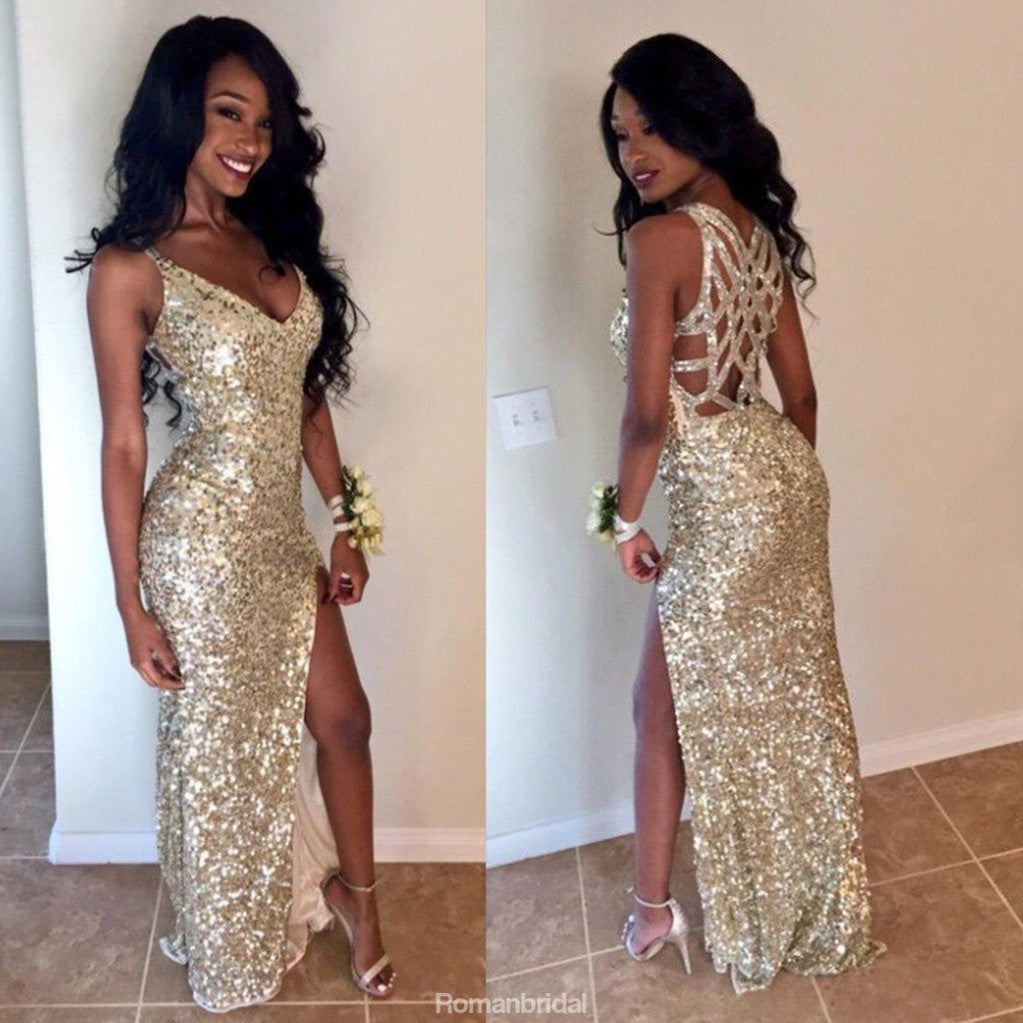 New Arrival Floor-length Spaghetti Strap Sexy V-neck sequins high split prom dresses,  PD0535