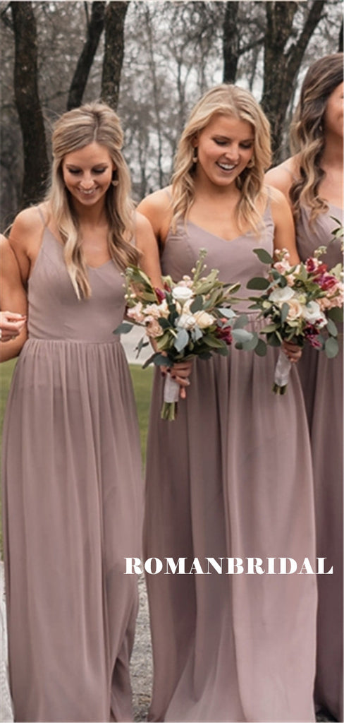 A-line V-neck Floor-length Spaghetti Straps Backless Bridesmaid Dresses, BD0616