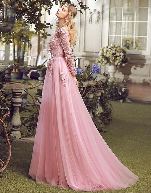 Floor-length A-line V-neck long sleeve evening dress,  Pink lace applique Back strap long prom dresses,PD0517
