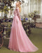 Floor-length A-line V-neck long sleeve evening dress,  Pink lace applique Back strap long prom dresses,PD0517