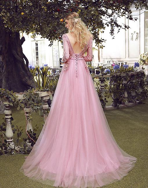 Floor-length A-line V-neck long sleeve evening dress,  Pink lace applique Back strap long prom dresses,PD0517