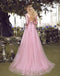 Floor-length A-line V-neck long sleeve evening dress,  Pink lace applique Back strap long prom dresses,PD0517