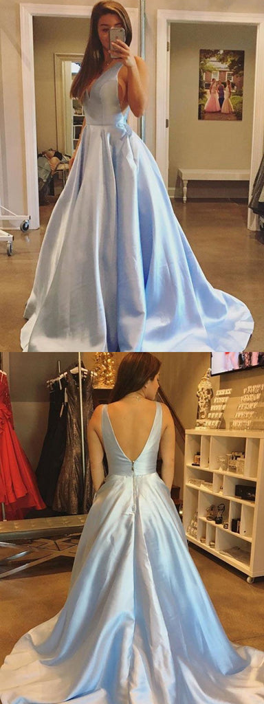A-Line V-neck Sleeveless Backless Simple Prom Dresses, PD0667